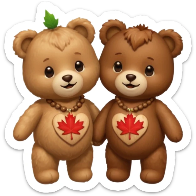 2 fluffy Teddy bears in love. One has an acorn necklace and a maple leaf necklace  sticker