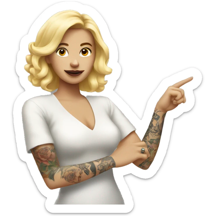 Blonde Elegant women with tattoos on the body everywhere, and her hand pointing forward  sticker