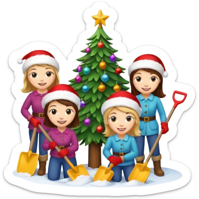 üzerinde kürek çeken kızların süs olarak asılı olduğu yılbaşı ağacı sticker