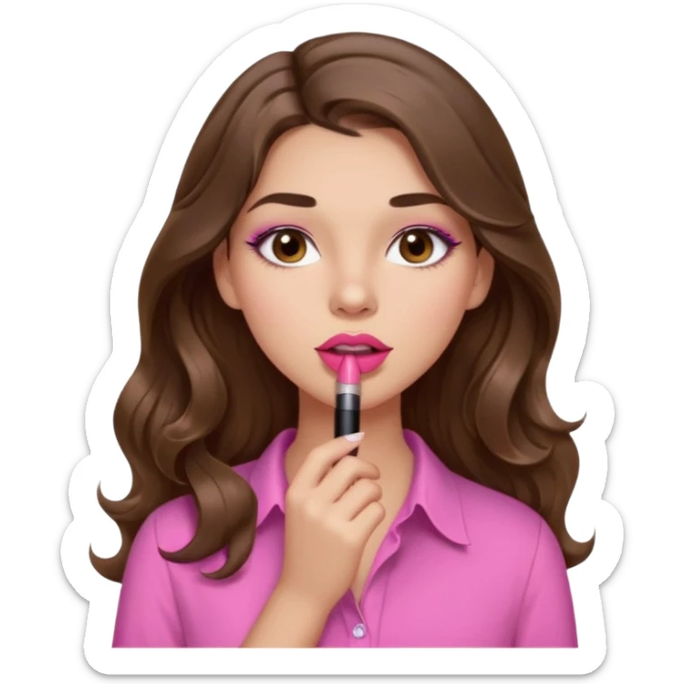 girl with long wavy brown hair, brown eyes, light to medium complexion, in a pink shirt, pink lips, long lashes, puckered lips, putting on lipstick sticker
