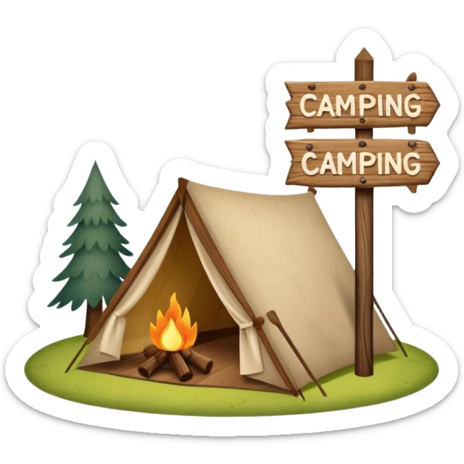 Wooden Camping sign made of felt texture, scrapbooking style, transparent background sticker