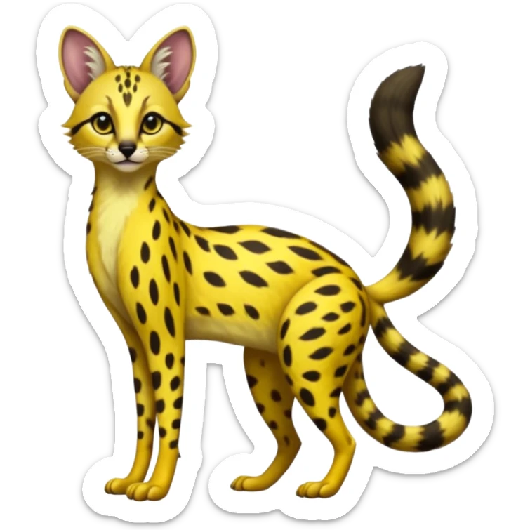 Lanky slender beautiful elegant spotted hype-realistic, black-maned, vibrant yellow Genet-Serval-Civet-fusion-hybrid-furry-fursona, full body sticker