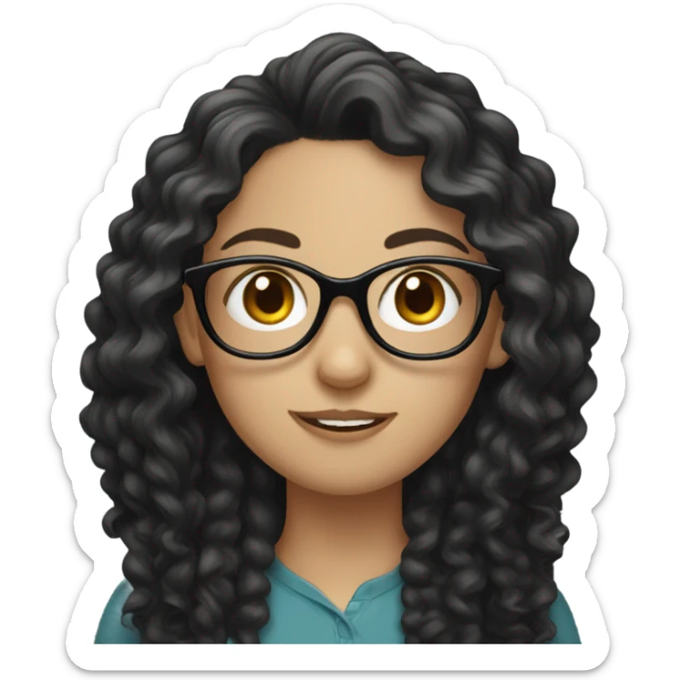 A white girl with black long curly hairs and glasses sticker