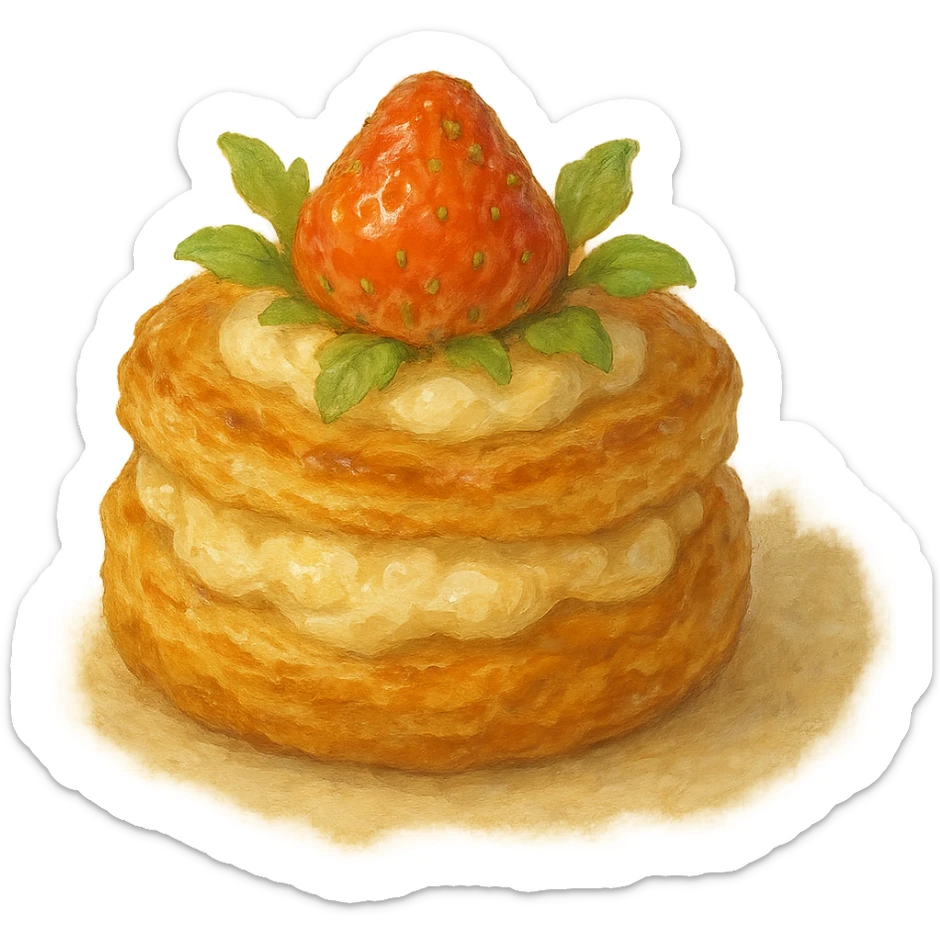 realistic whimsical pastry, natural colors, soft, fairy-like atmosphere, no background, square size sticker