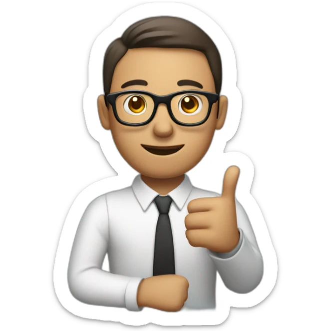 man wearing glasses and holding a computer in his right hand and signaling OK with his left hand sticker