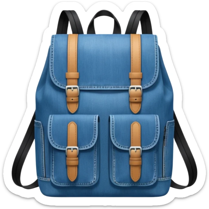 Minimalist emoji-style icon of a stylish blue denim backpack with a flap top, two vertical black buckle straps,and two zipper side pockets. Inspired by Tommy Jeans design. 

 sticker