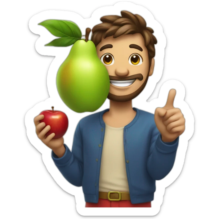 fruit man in fruit outfit smiling at the camera with an apple in his hand and pointing behind him sticker