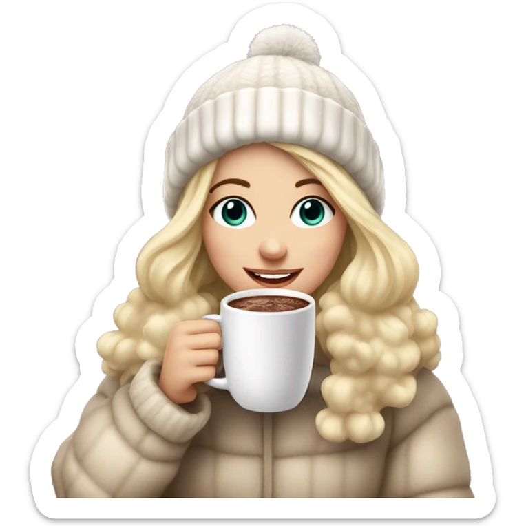 Blonde girl in a fluffy bobble hat holding hot chocolate sticker