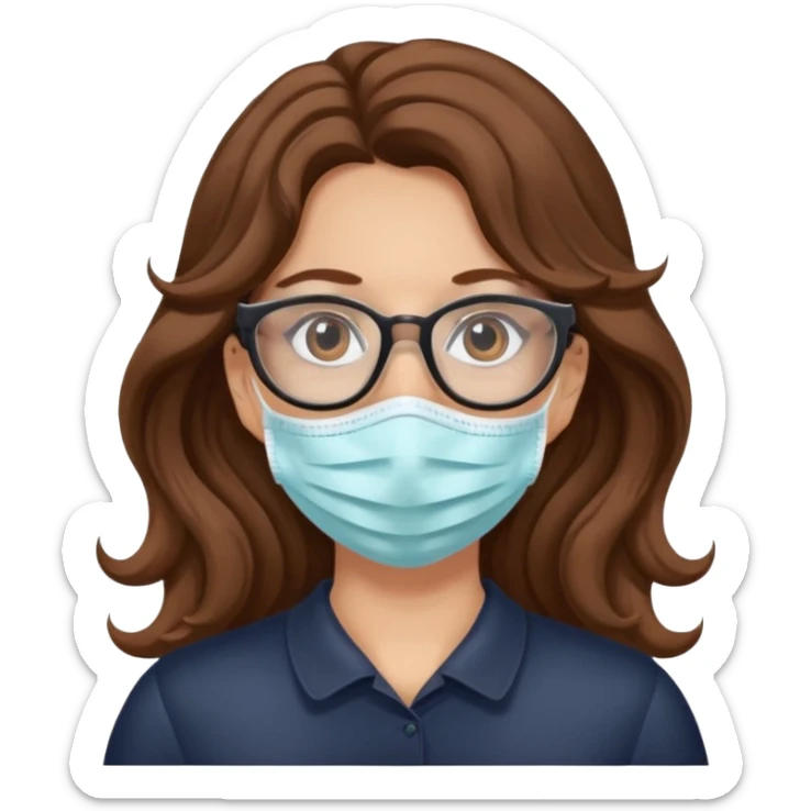 Long Wavy Brown haired fair skinned woman with glasses wearing Covid  mask sticker
