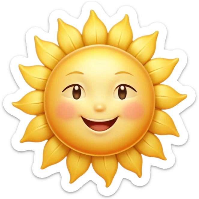 Cinematic tiny happy sun, golden and round, chubby with a warm smile, gentle rays beaming softly, radiating warmth and happiness, irresistibly cute. sticker