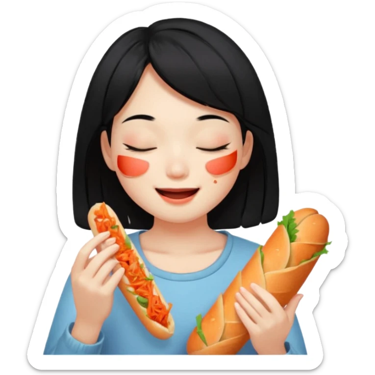 Girl black long hair eat kimchi close eyes baguette sticker