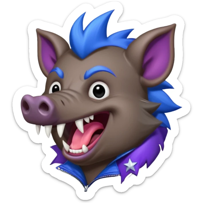 Sticker,A wild boar laughing loudly with a dark blue mohawk with purple and blue hues, wearing a black leather jacket, a wild boar with fangs, but not dangerous,  decorated with stars, ((cheerful, laugh)), surrounded by white outline, on transparent background sticker