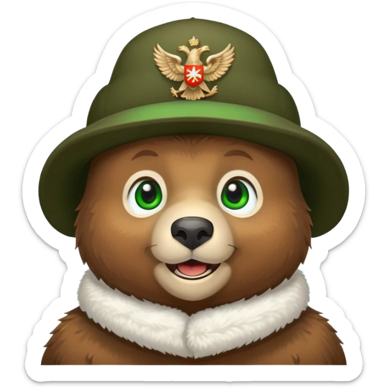 Endearing brown bear head with cute smile and bright green eyes, wearing white ushanka hat with detailed Russian eagle emblem in middle, iOS emoji style sticker