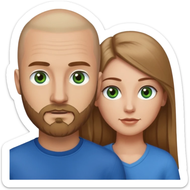 Man on left with shaved head with dark blonde beard and blue eyes and woman on the right with long brown hair green eyes  sticker