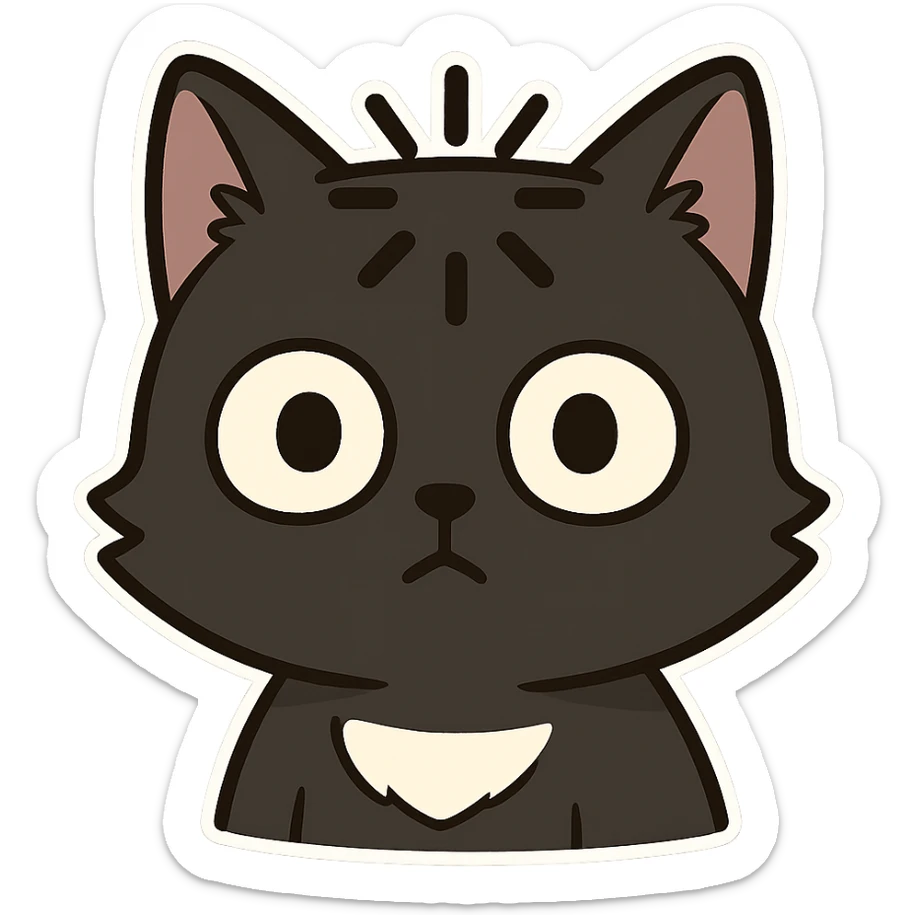 Cat meme, a black cat head with a dull expression, wide eyes, and a loading symbol on its head sticker