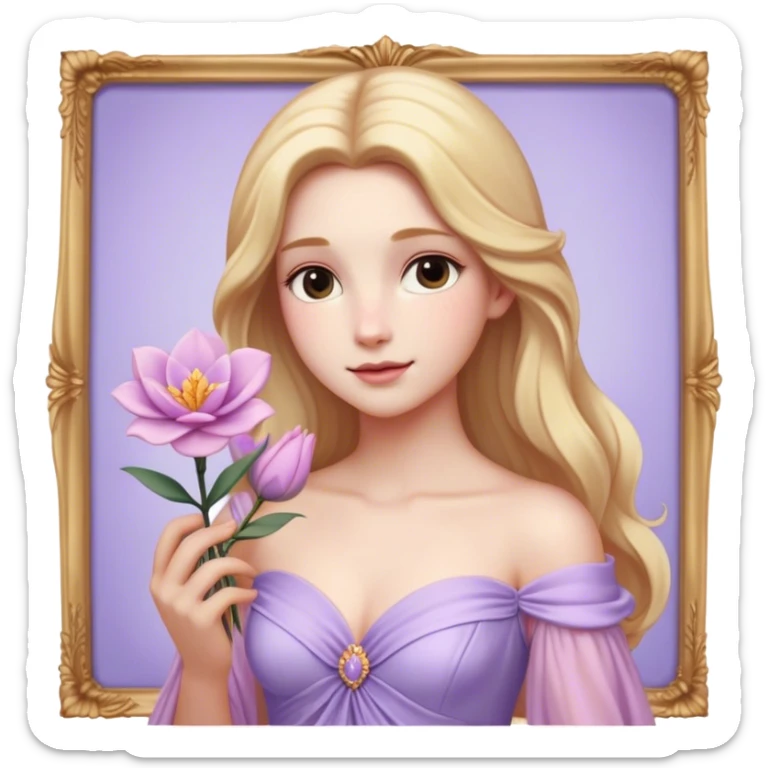 Cinematic Realistic Rapunzel Portrait, with porcelain-like skin featuring a subtle, natural glow, illuminated by soft lighting that brings out the gentle contours of her face. Her long, golden blonde hair cascades in detailed waves, each strand highlighted with a radiant shimmer as it catches the light. She playfully holds a flower in one hand, her other hand resting casually in her lap, with a warm and spirited expression. Her bright, expressive green eyes exude curiosity and warmth, framed by delicate lashes and soft, arched brows. She is dressed in her classic lavender and pink gown, the fabric textured with delicate folds that flow naturally, catching the light with a soft, radiant glow. The portrait captures a luminous, enchanting aura, seamlessly blending realism with a whimsical, fairytale charm, evoking a timeless sense of beauty and magic. sticker
