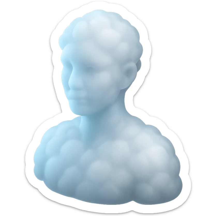 person looking straight, fully made of white fluffy convex clouds, shoulders up, matte glass style sticker