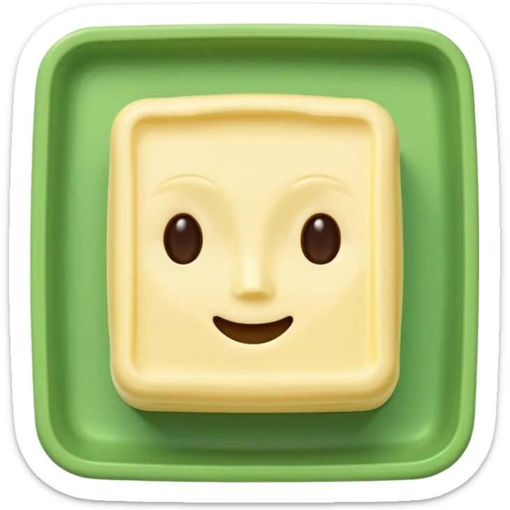 A 3D cartoon butter block identical to dairy butter, subtle green plate or tone difference, Memoji-style sticker