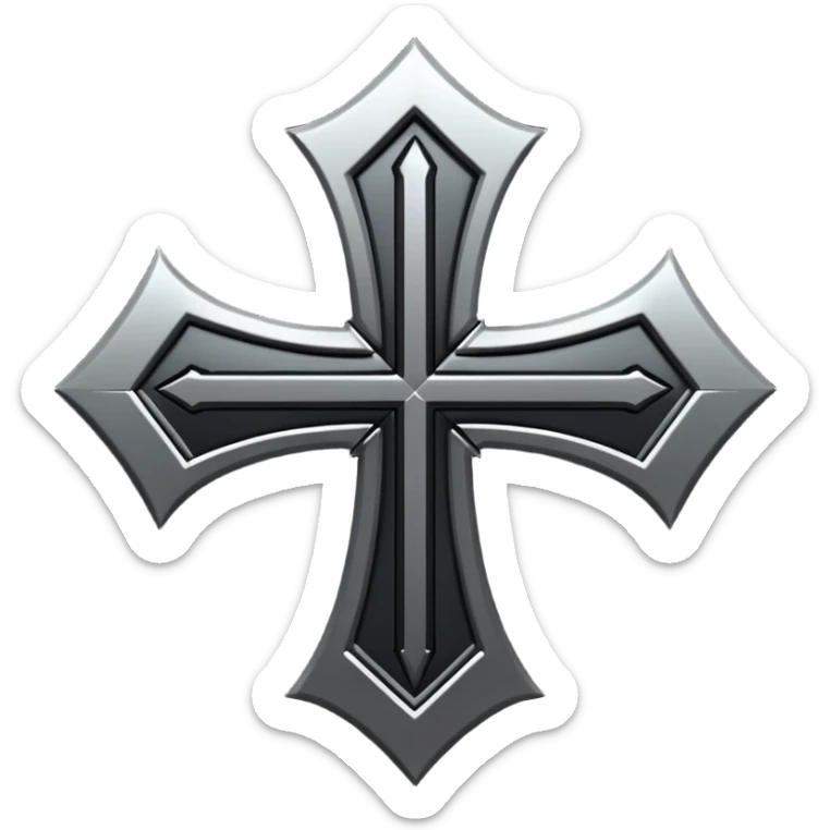 Emoji, dark futuristic cross, symmetrical geometric shape, black metal, gothic cyber aesthetic, minimal flat design, sharp edges, centered, transparent background do not use any other colors but black sticker