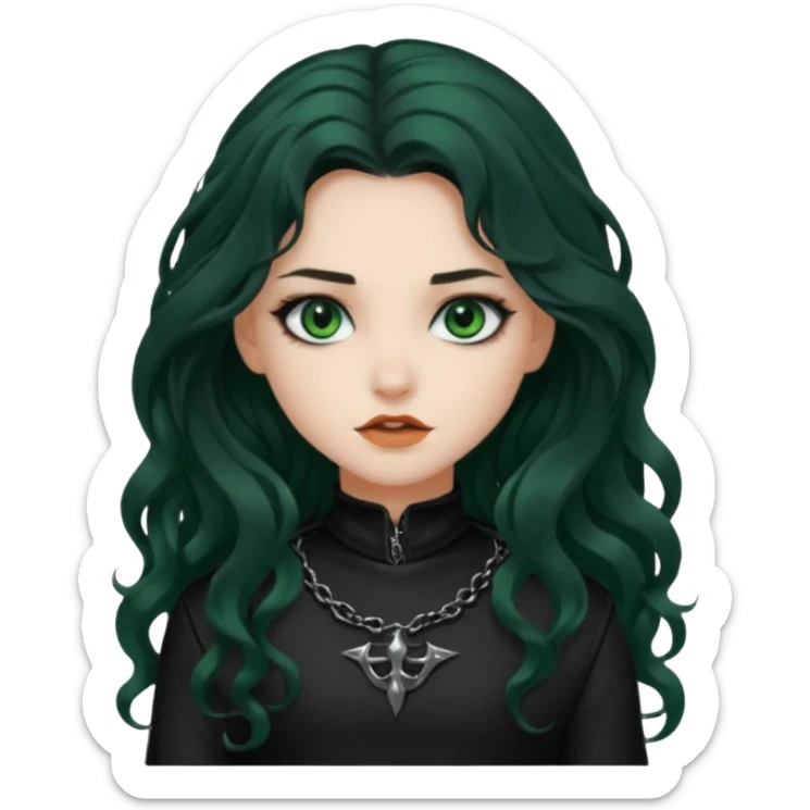 Crea una ragazza con stile black metal, capelli neri mossi lunghi e occhi verde scuro sticker