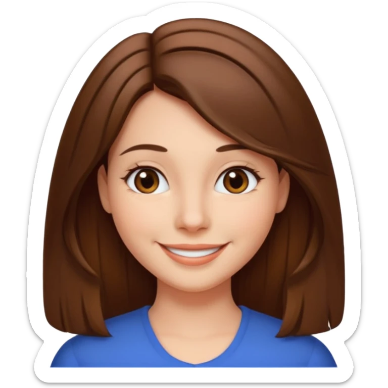 woman with straight brown hair parted down the middle with a smile sticker