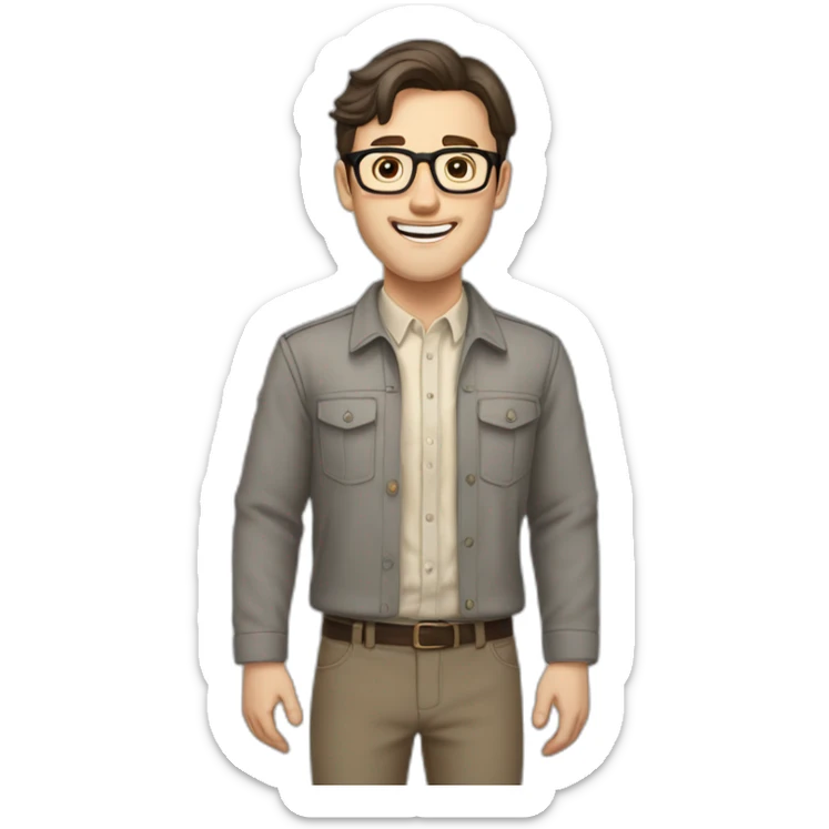 Joyful Full height Pale skinned Fit Man With dark brown hair in gray jacket, beige office shirt, Brown pants and vintage glasses. His thrumbs up sticker