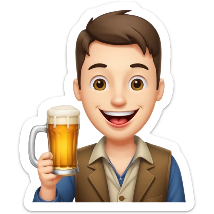 cartoon man with a big smile, crossed eyes, tongue out, holding beer sticker