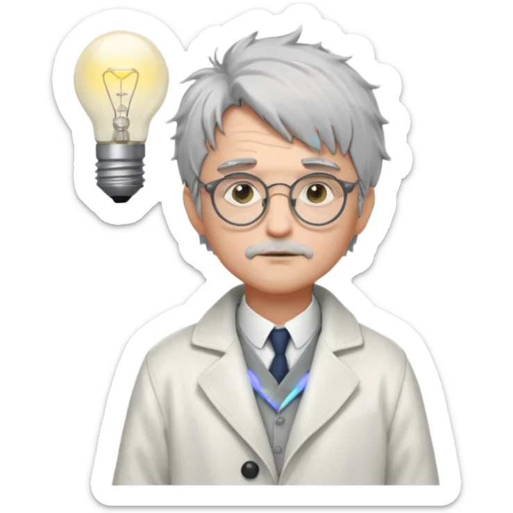 Pixel art, WorldBox style.
Human character with “Genius” trait: grey messy hair, small round glasses, white scholar coat, thoughtful face.
Add small glowing lightbulb or spark above head to show high intelligence.
Full body, front view, no background, 32x32 or 64x64 pixels. sticker