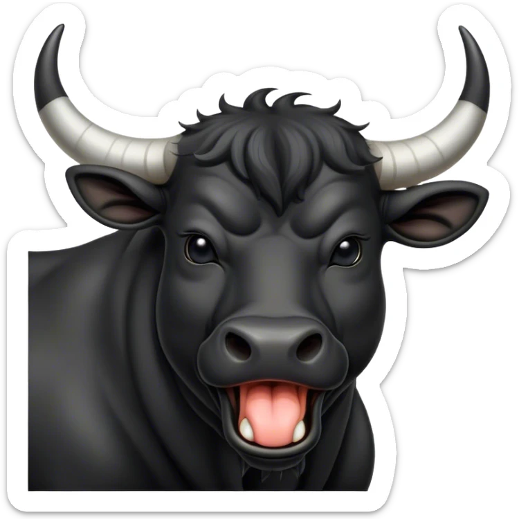 Cinematic Cute Yawning Black Bull Portrait Emoji, Head tilted slightly with a dramatic, wide-open yawn, showcasing a smooth, pure black hide with a subtle texture, floppy ears slightly drooping, round dark eyes barely open in drowsy contentment, Simplified yet irresistibly adorable features, highly detailed, glowing with a soft, cozy glow, high shine, relaxed yet expressive, stylized with a touch of rugged whimsy, bright and endearing, soft glowing outline, capturing the essence of a sleepy yet affectionate guardian, so drowsy it feels like it could charge right out of the screen and curl up for a nap! sticker