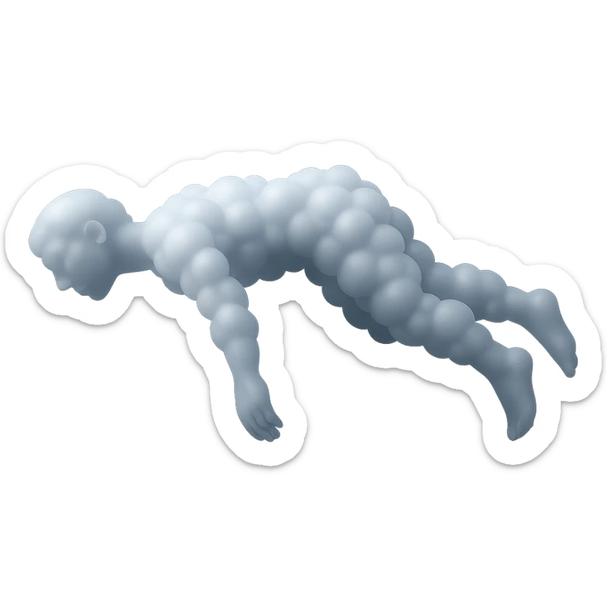 side view of unconscious person flying upwards by torso, arms and legs down, made of small very bright white fluffy convex clouds, matte glass style sticker