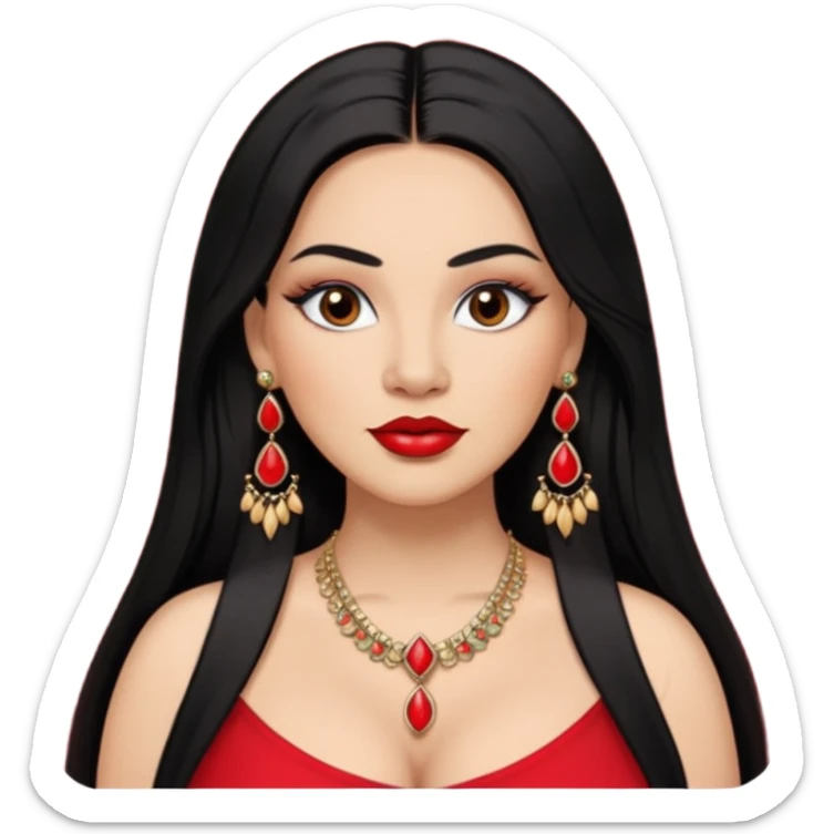 Mexican Light skin brown eyes glamorous full figured women black long straight hair red lips necklace and earrings long lashes sticker