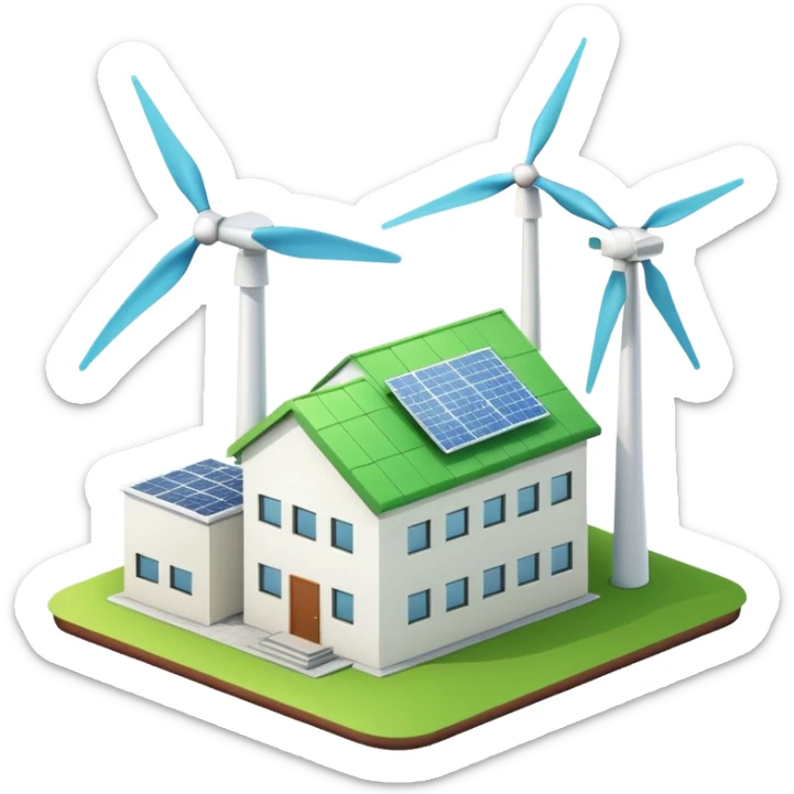 green-roofed factory with wind turbine, clean and colorful sticker