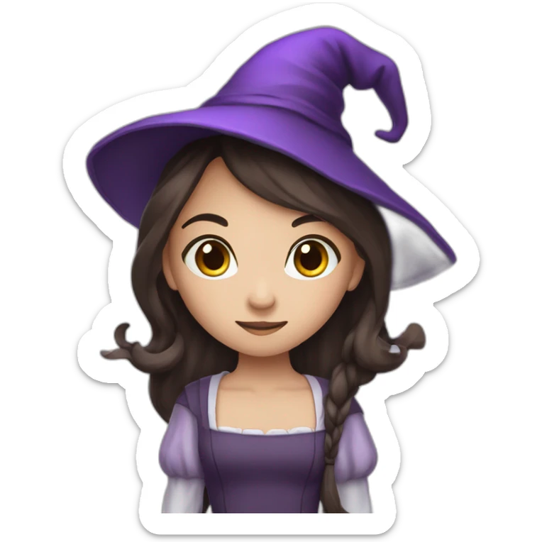 a young white brown thin girl with straight dark hair dressed as a purple witch sticker