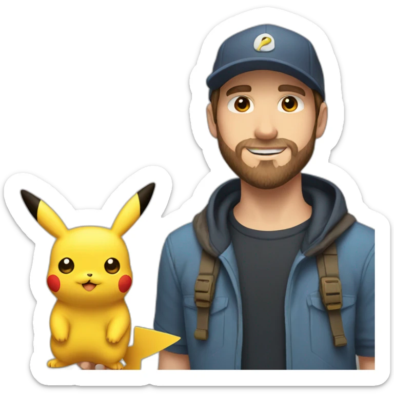 white man with brown hair and beard and a cap, holding and a pikachu pokemon sticker