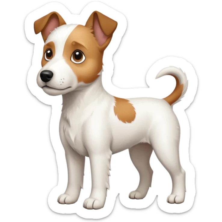 a full body large white parson russell terrier looking dog the size of a kelpie with light brown big ears and a light brown patch on one eye and a large snout sticker