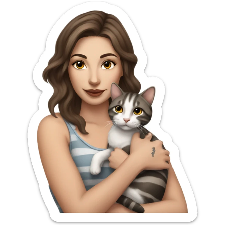 Beautiful brown haired tattooed woman holding gray and white striped cat sticker