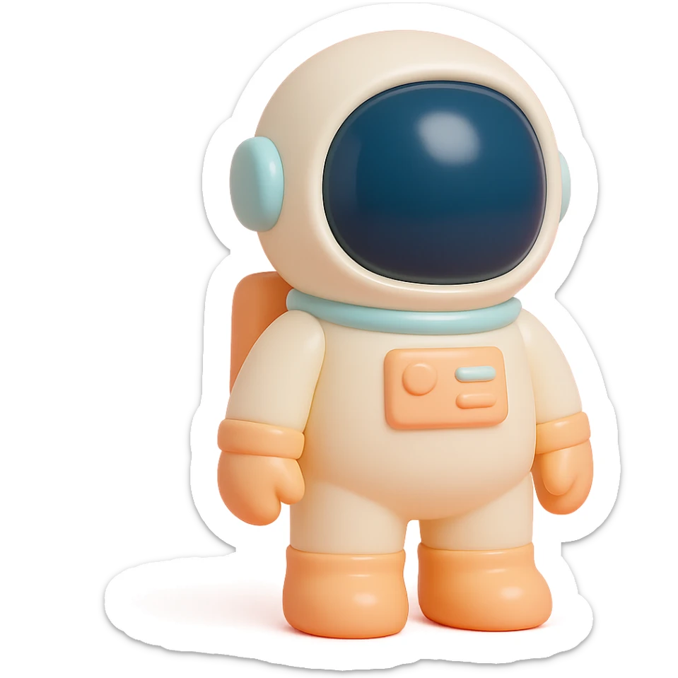 astronaut with a shiny helmet and space suit, standing pose in vinyl figure style sticker