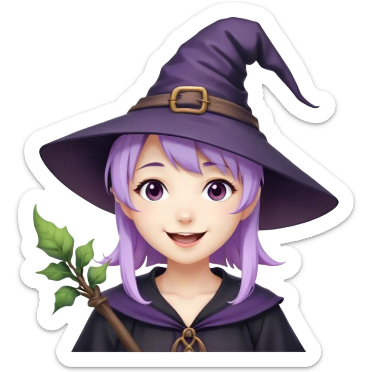cute anime girl with lilac hair in a witch hat laughing sticker