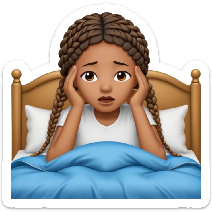 Black woman with braids in a big king size bed on one side by herself crying sticker