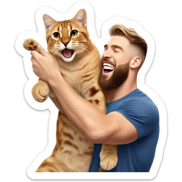 Travis Kelce and Taylor swift holding a bengal cat in the air like simba from the lion king sticker