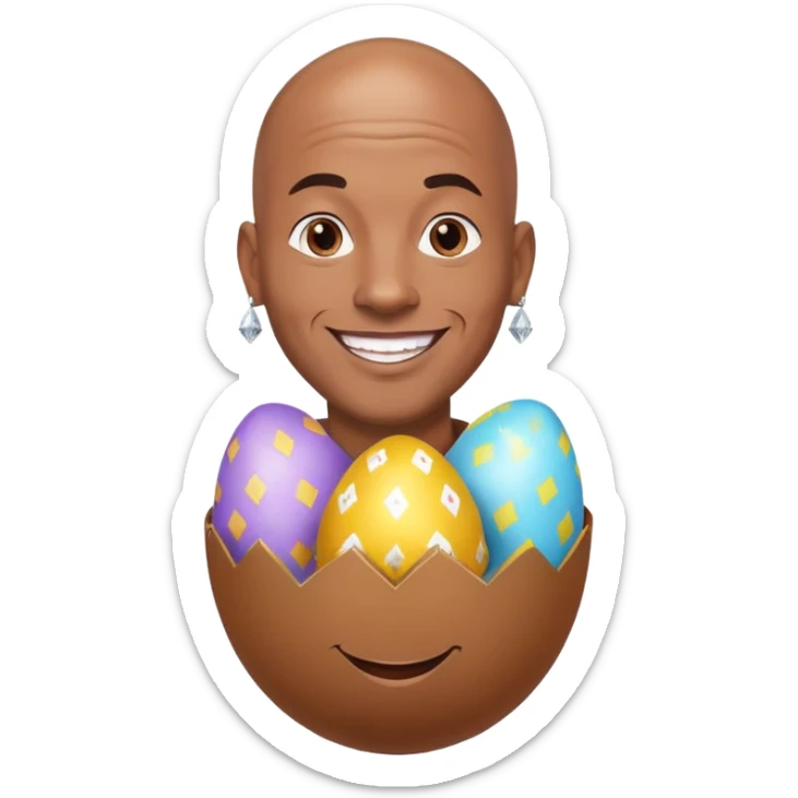 smiling bald African American man with diamond stud earrings popping out of an Easter egg sticker