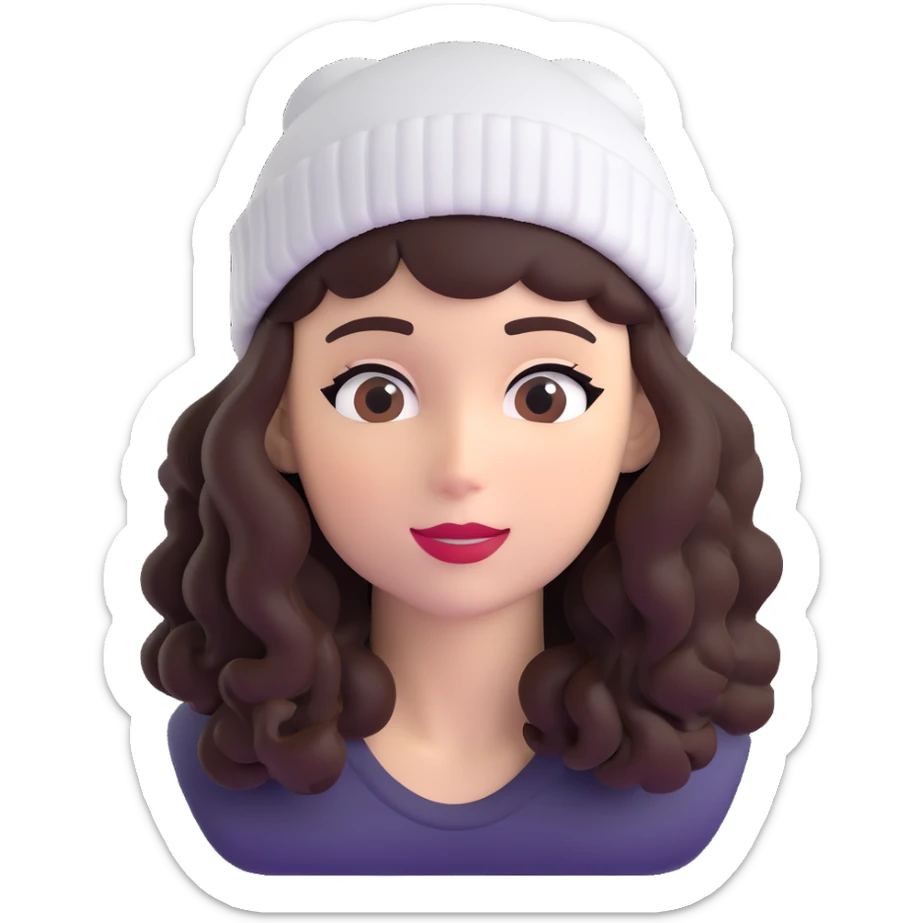 woman with dark curly hair and a beanie sticker