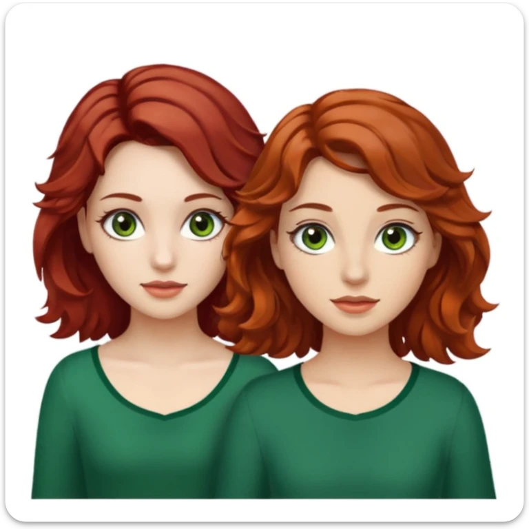 Two girls : one with red hair medium and wavy, brown eyes with long eyelashes and white skin. The other with wavy brown hair medium, green eyes with long eyelashes and tan  sticker