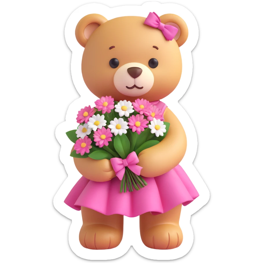A cute teddy bear with a pink bow on its head, holding a bouquet of white flowers, in a 3D iOS Disney style, with a soft pink background and hearts floating around, wearing a pink dress. sticker