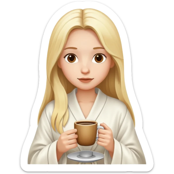 girl with long blonde hair drinking coffee wearing white robe sticker