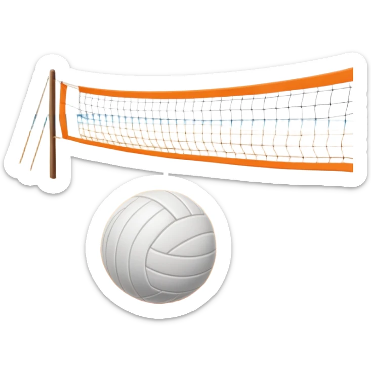 The scene captures a sunny beach atmosphere with clear blue sea and sky, palm trees swaying, and people in swimsuits enjoying the vibrant surroundings. A volleyball resting on the orange sand ground of a beach, with a volleyball net in the background.  sticker