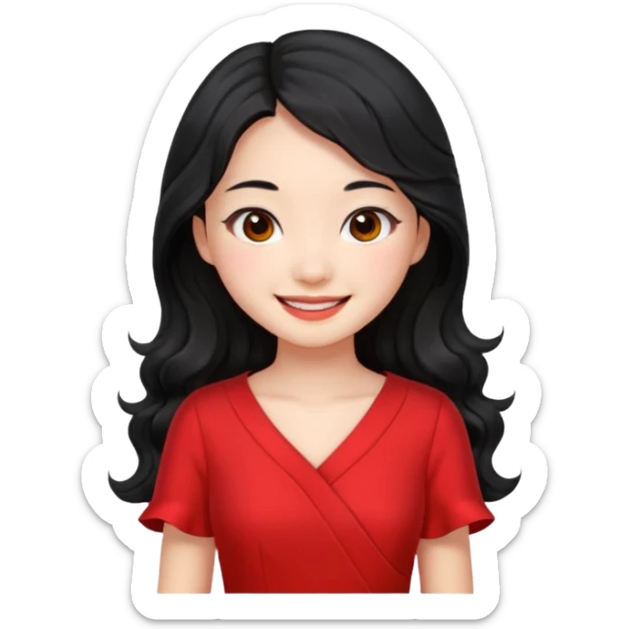 Chinese girl with long wavy black hair, black eyes, smiling sticker