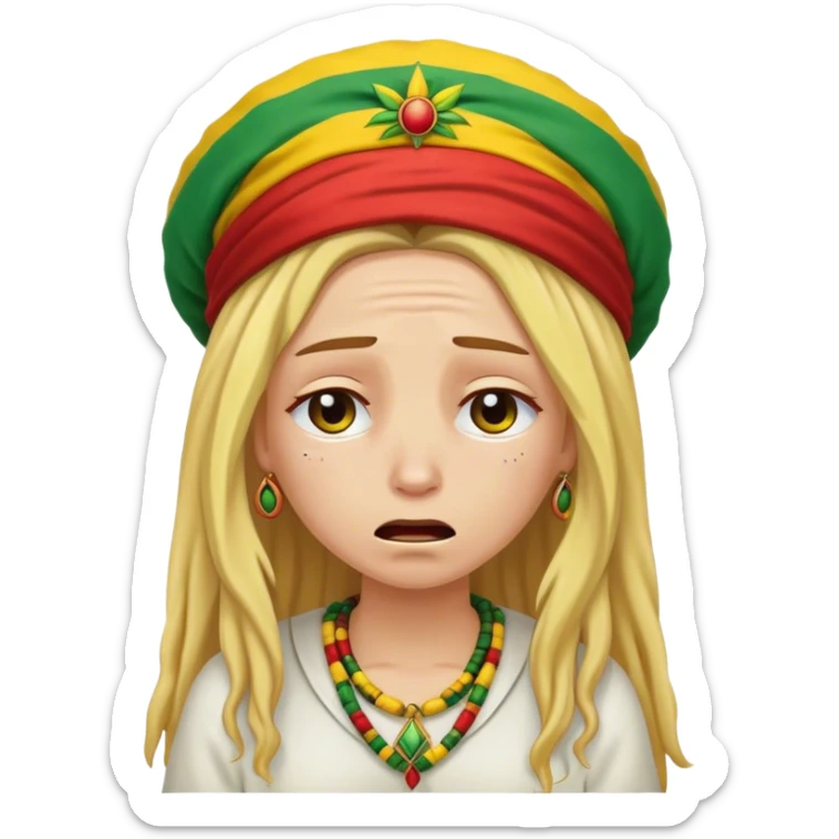 A blond woman dressed like a rastafari who is crying a lot.  sticker