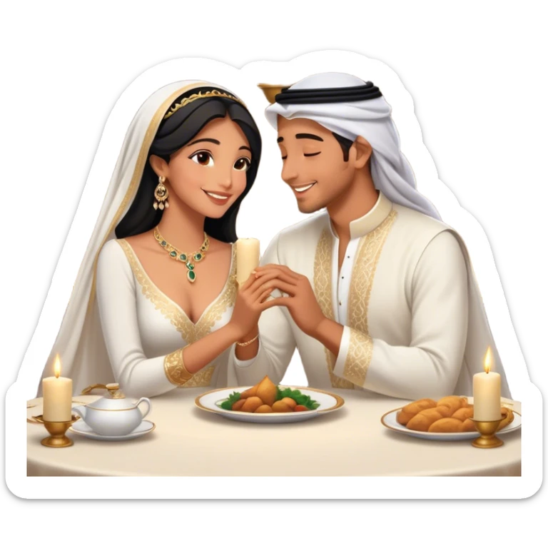 intimate moment a Arab couple at candlelit dinner. The woman, dressed in a sophisticated white gown with delicate jewelry, smiles as her partner, wearing a traditional black and gold bisht with a white ghutra, leans in to whisper or kiss her cheek. Their hands are gently intertwined on the table,M sticker