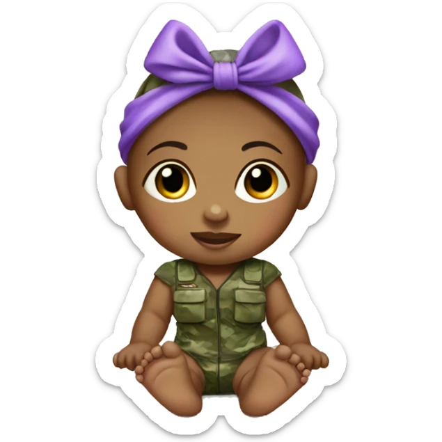barefoot baby girl in camouflage with purple bow on head sticker